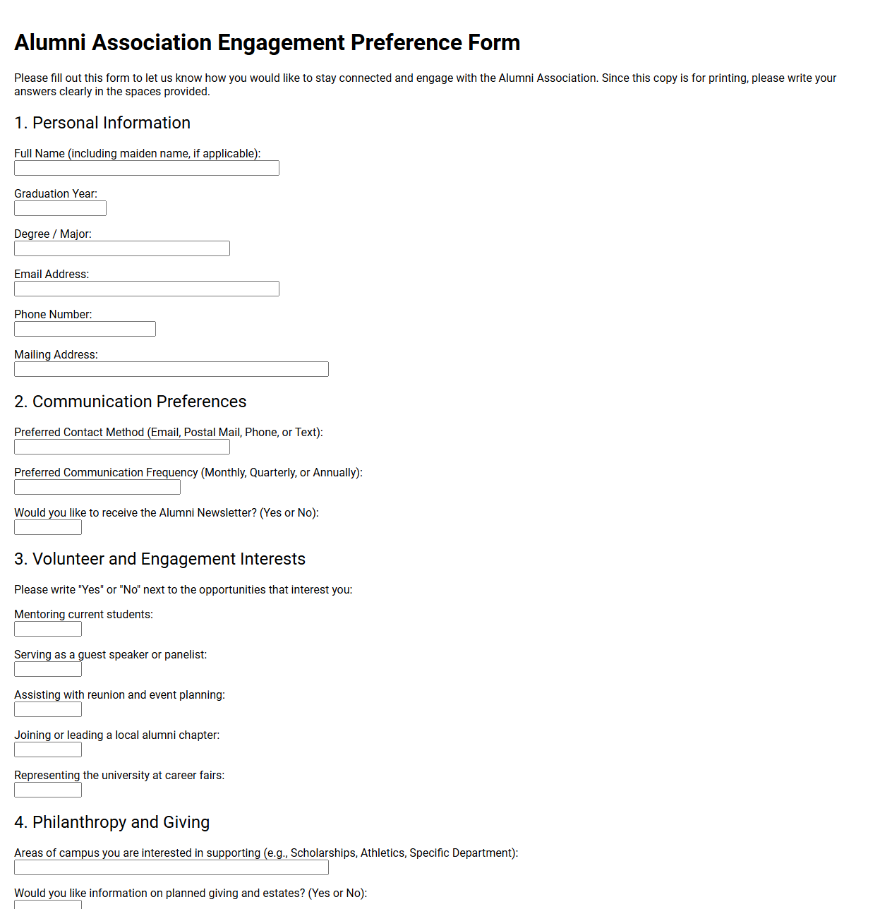 Alumni Association Engagement Preference Form