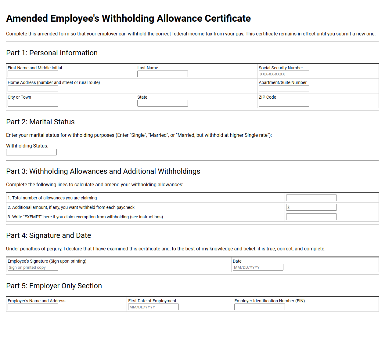 Amended Employee Withholding Allowance Certificate Template