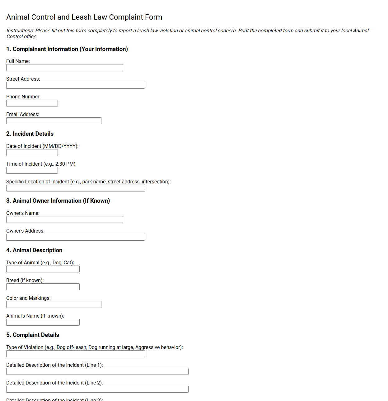 Animal Control and Leash Law Complaint Form