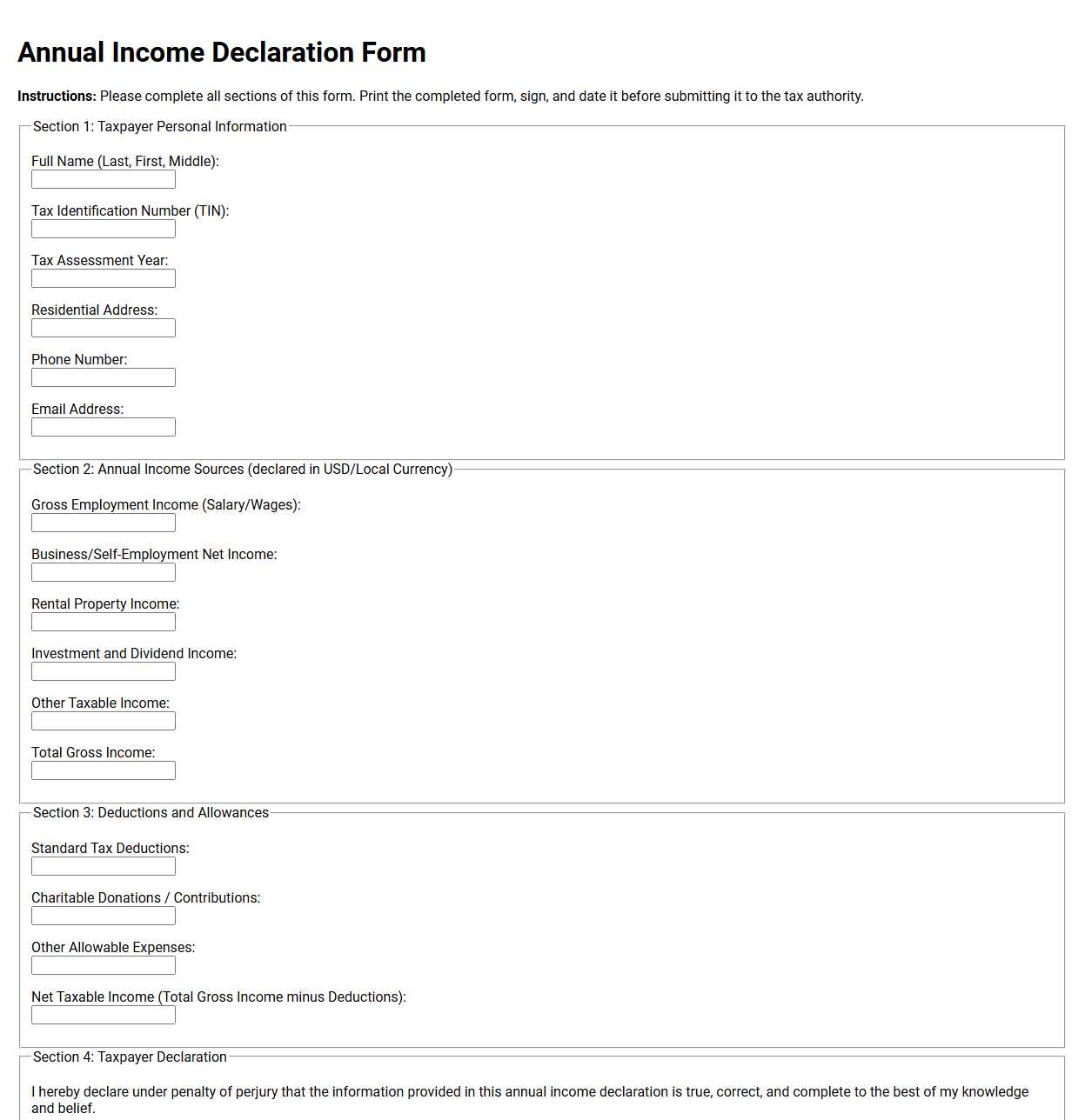 Annual Income Declaration Form for Taxpayers