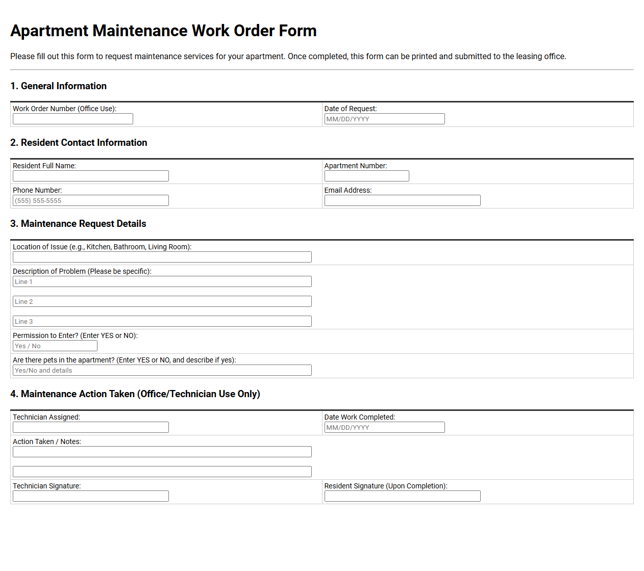 Apartment Maintenance Work Order Form
