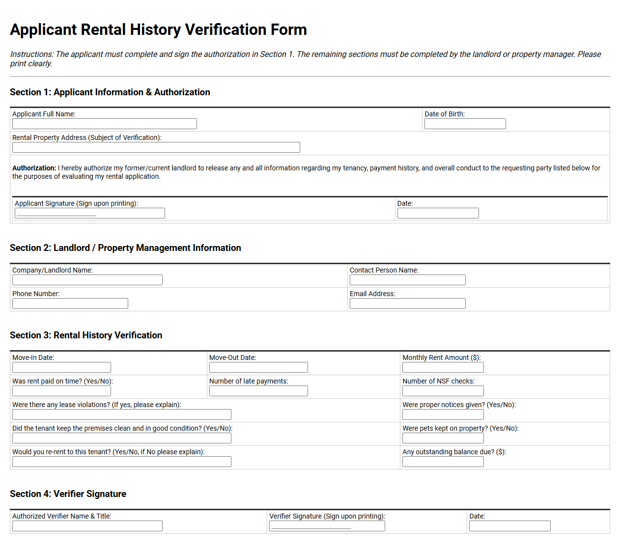 Applicant Rental History Verification Form
