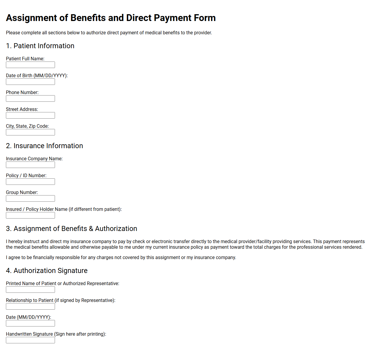 Assignment of Benefits and Direct Payment Form