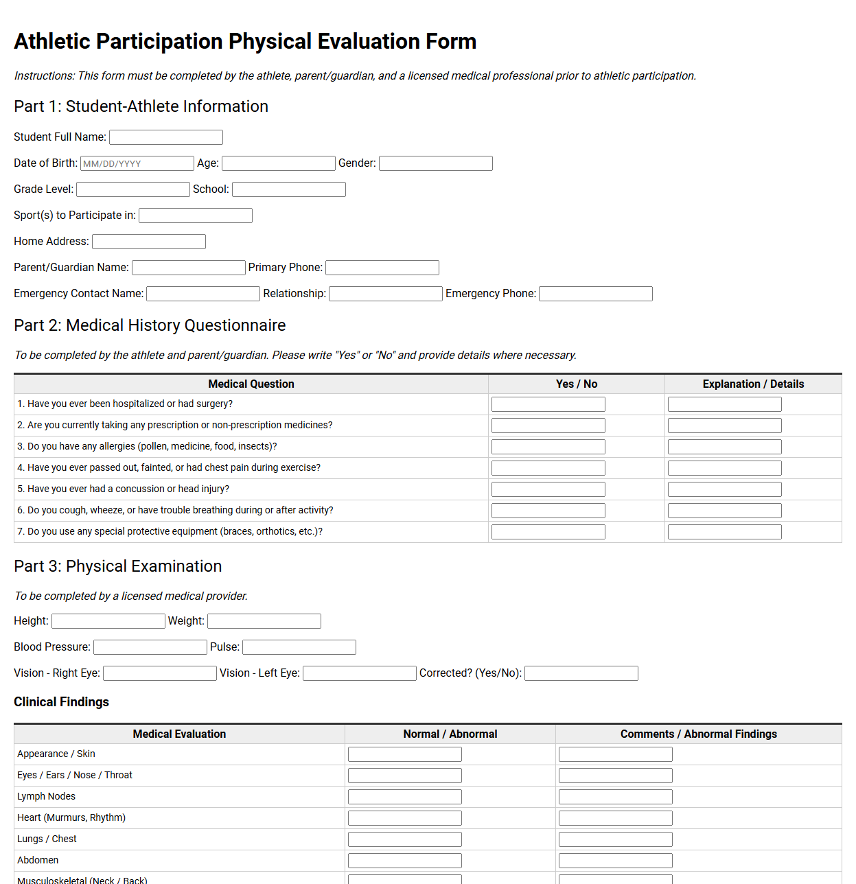 Athletic Participation Physical Evaluation Form