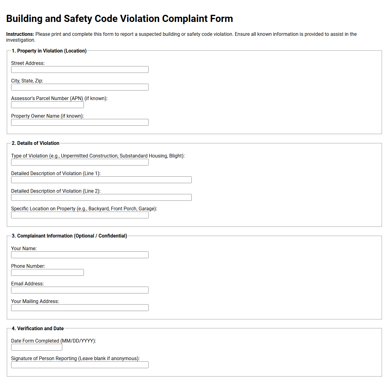 Building and Safety Code Violation Complaint Form