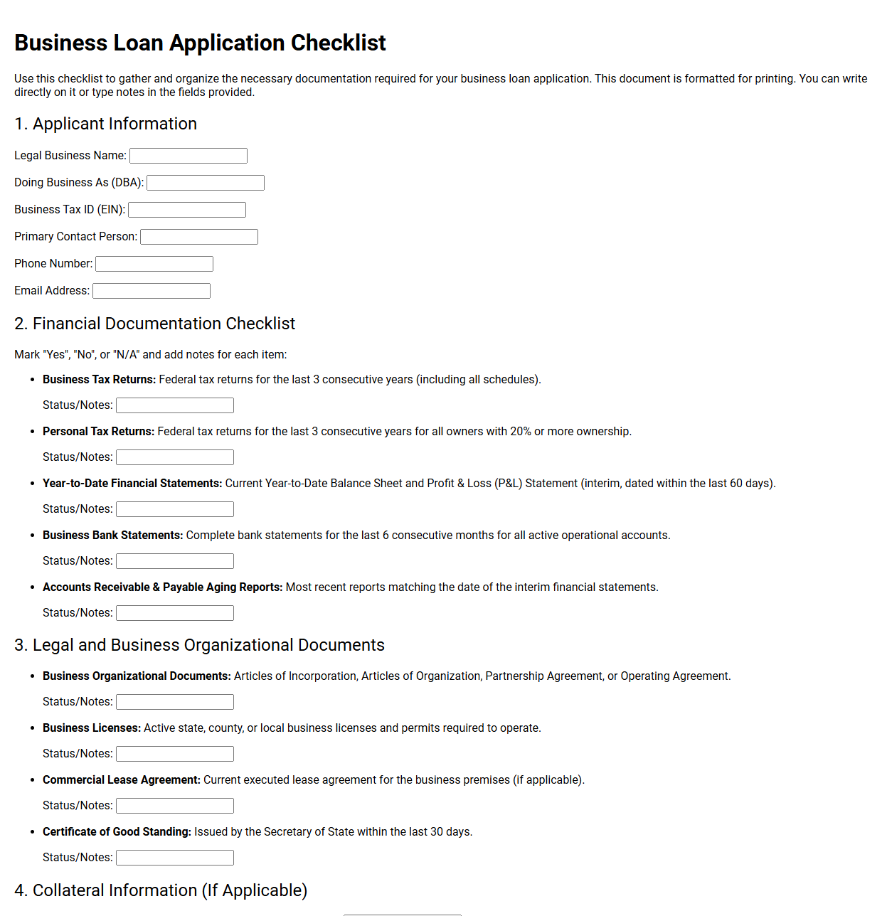 Business Loan Application Checklist Document