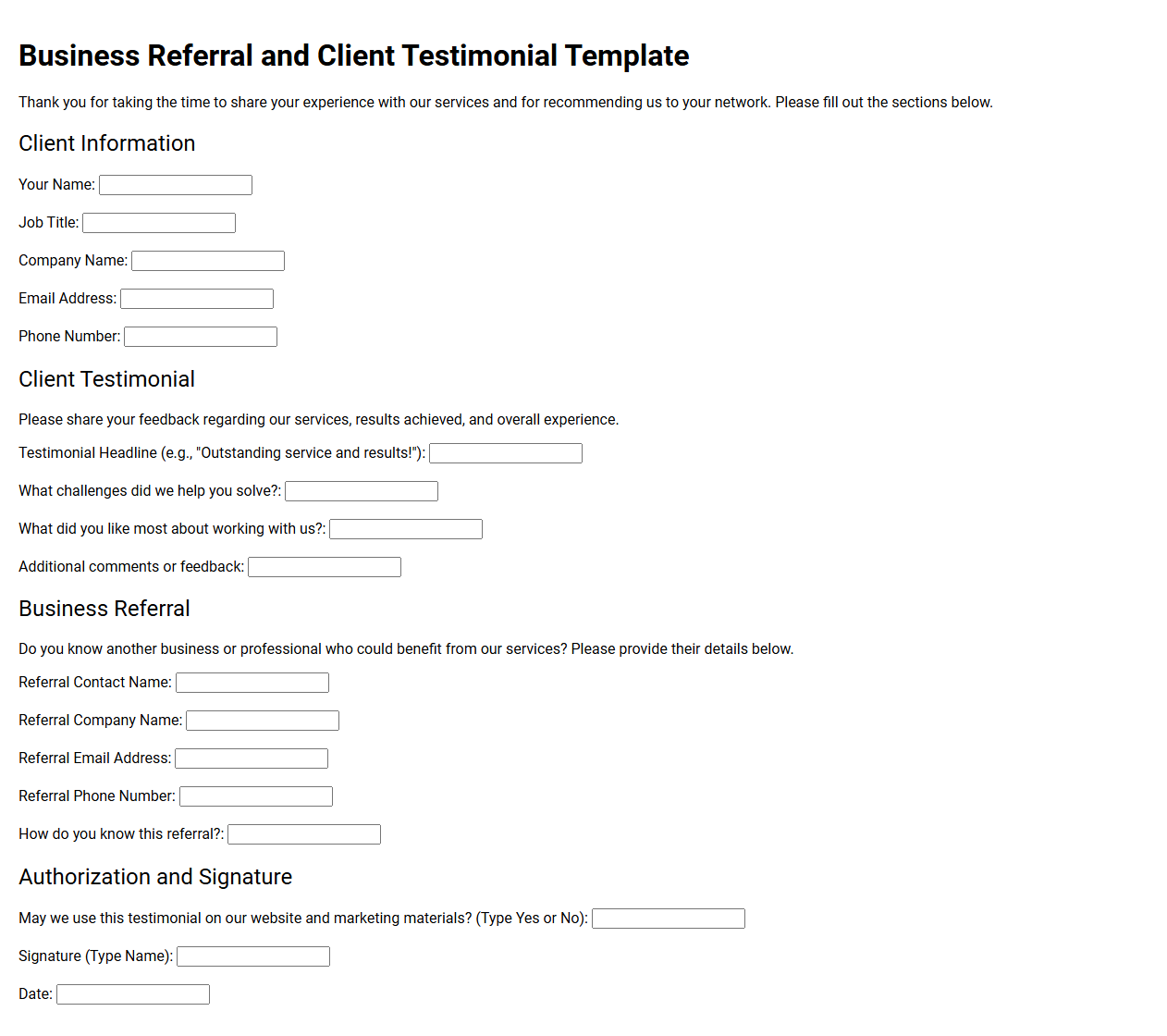 Business Referral and Client Testimonial Template