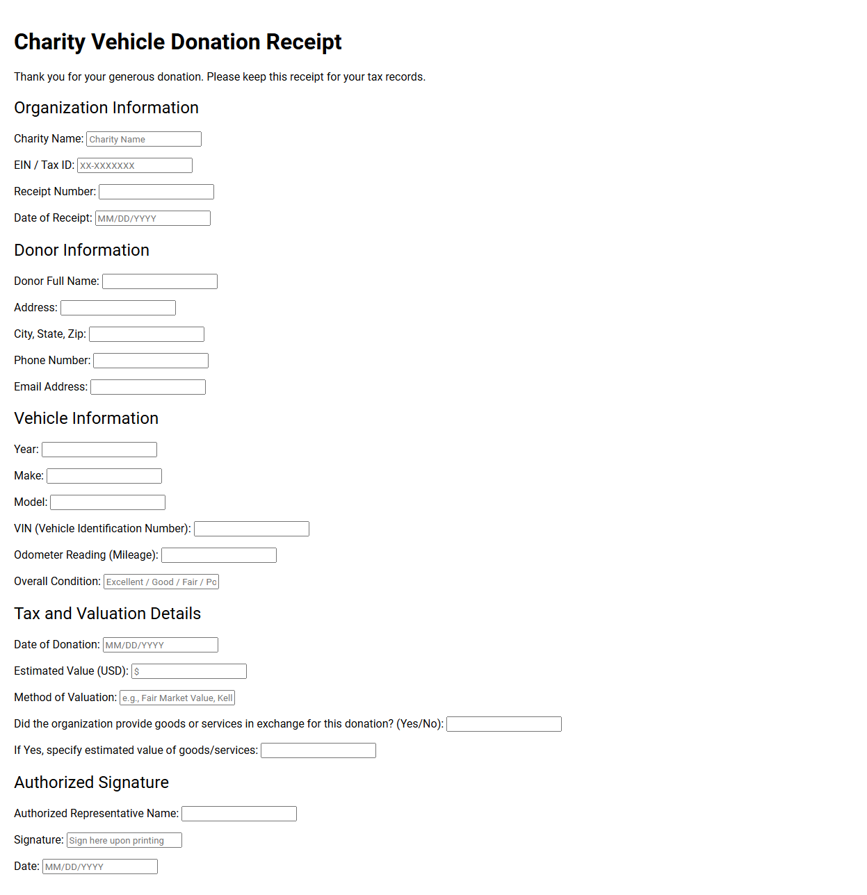 Charity Vehicle Donation Receipt Form