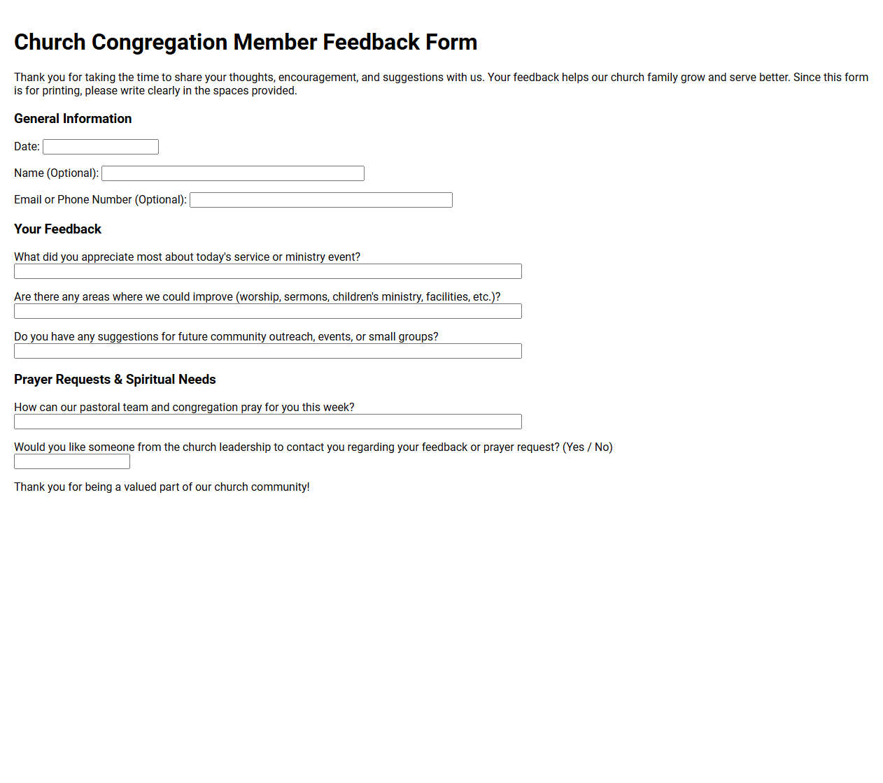 Church Congregation Member Feedback Form