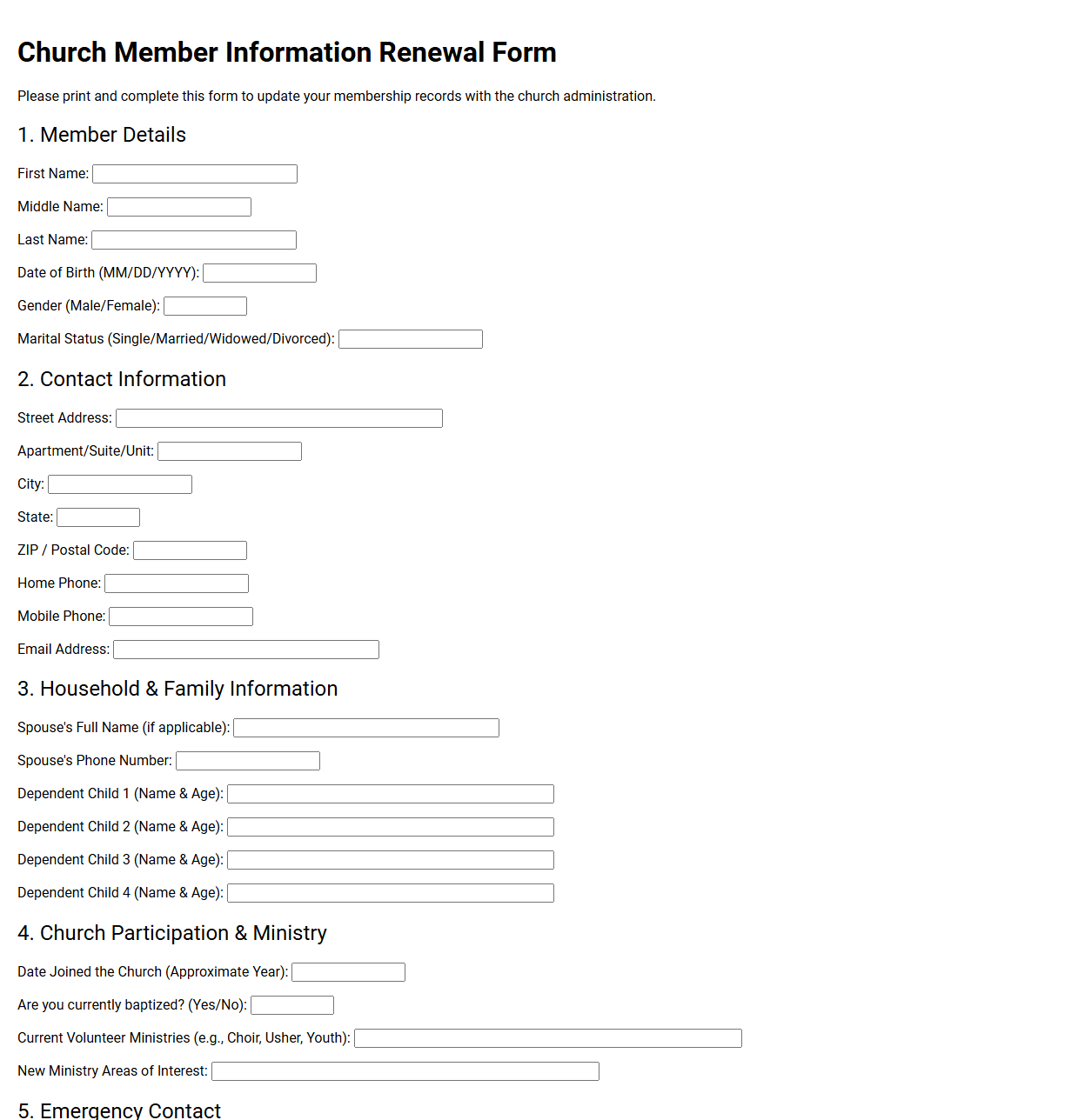 Church Member Information Renewal Form