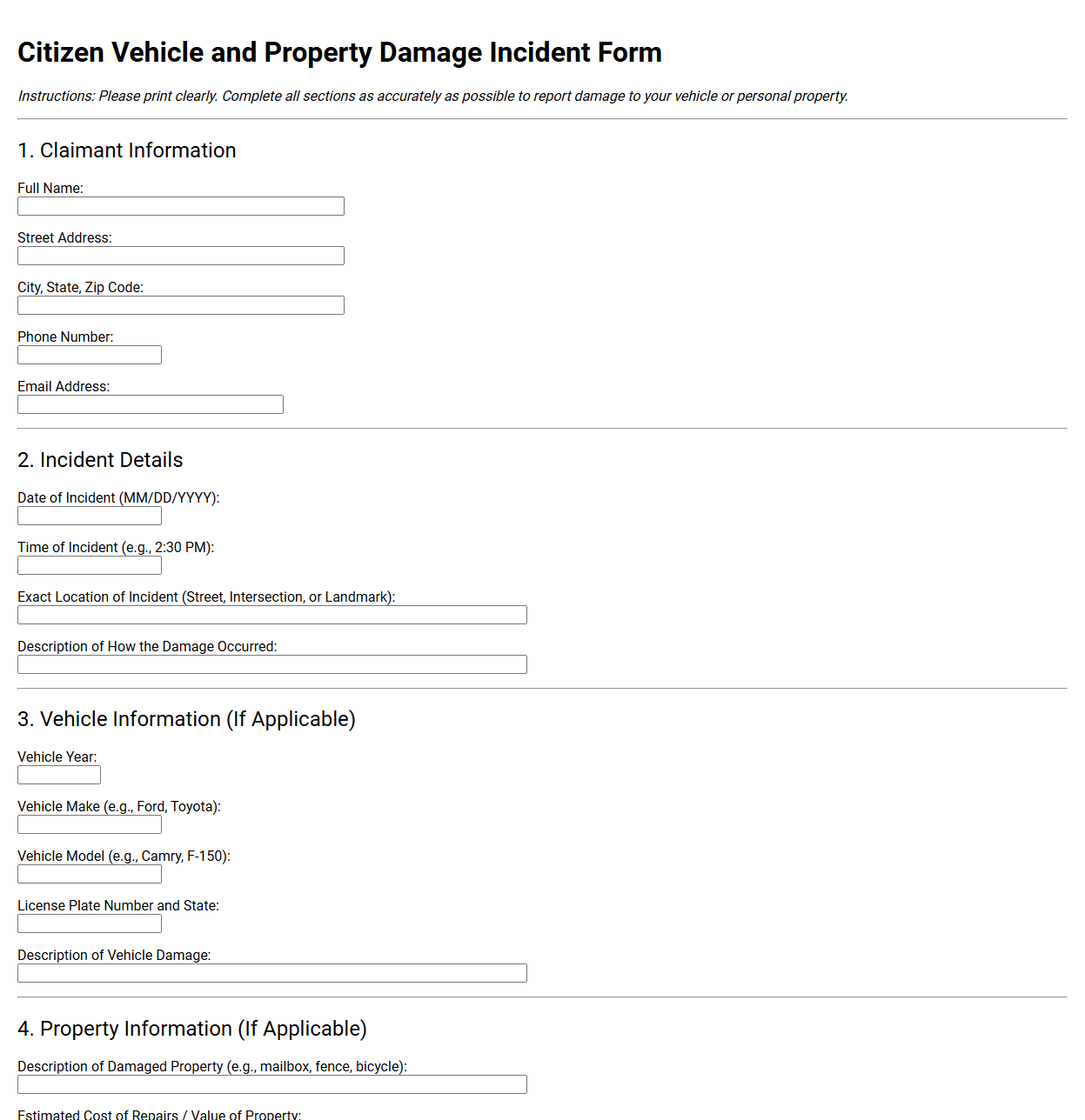 Citizen Vehicle and Property Damage Incident Form