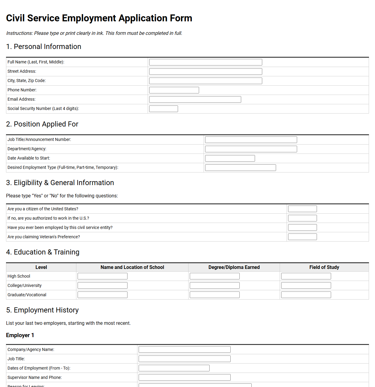 Civil Service Employment Application Form
