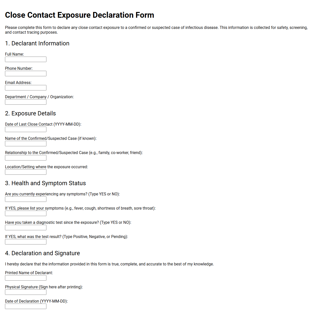 Close Contact Exposure Declaration Form