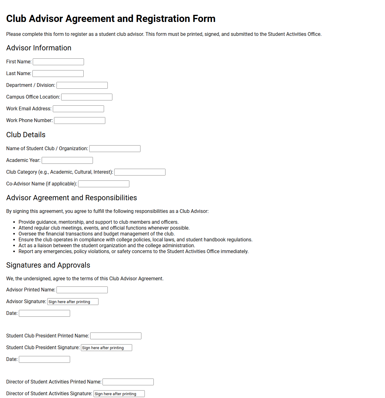 Club Advisor Agreement and Registration Form
