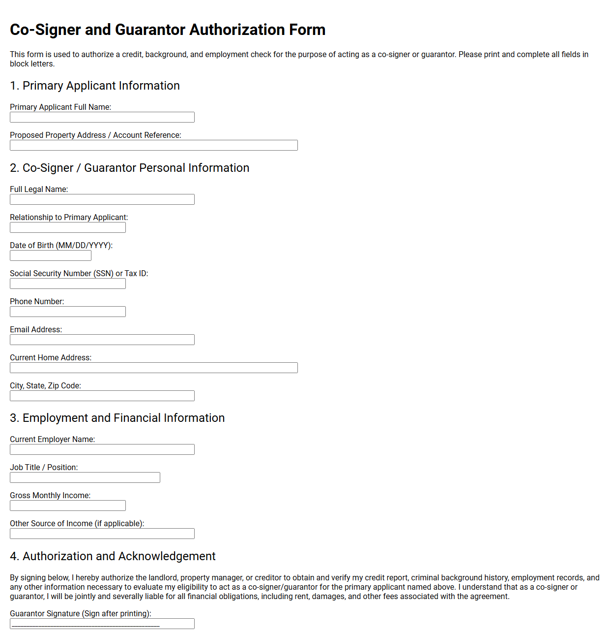 Co-Signer and Guarantor Authorization Form