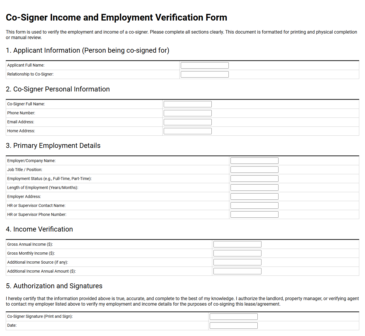 Co-Signer Income and Employment Verification Form