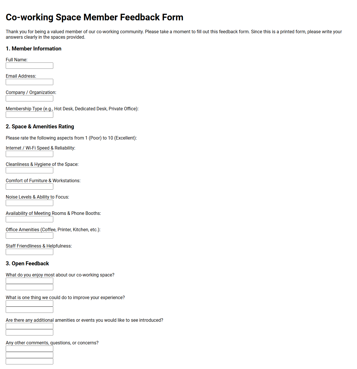 Co-working Space Member Feedback Form