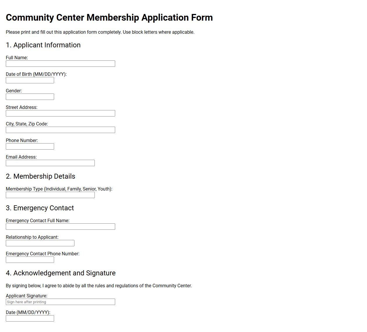 Community Center Membership Application Form