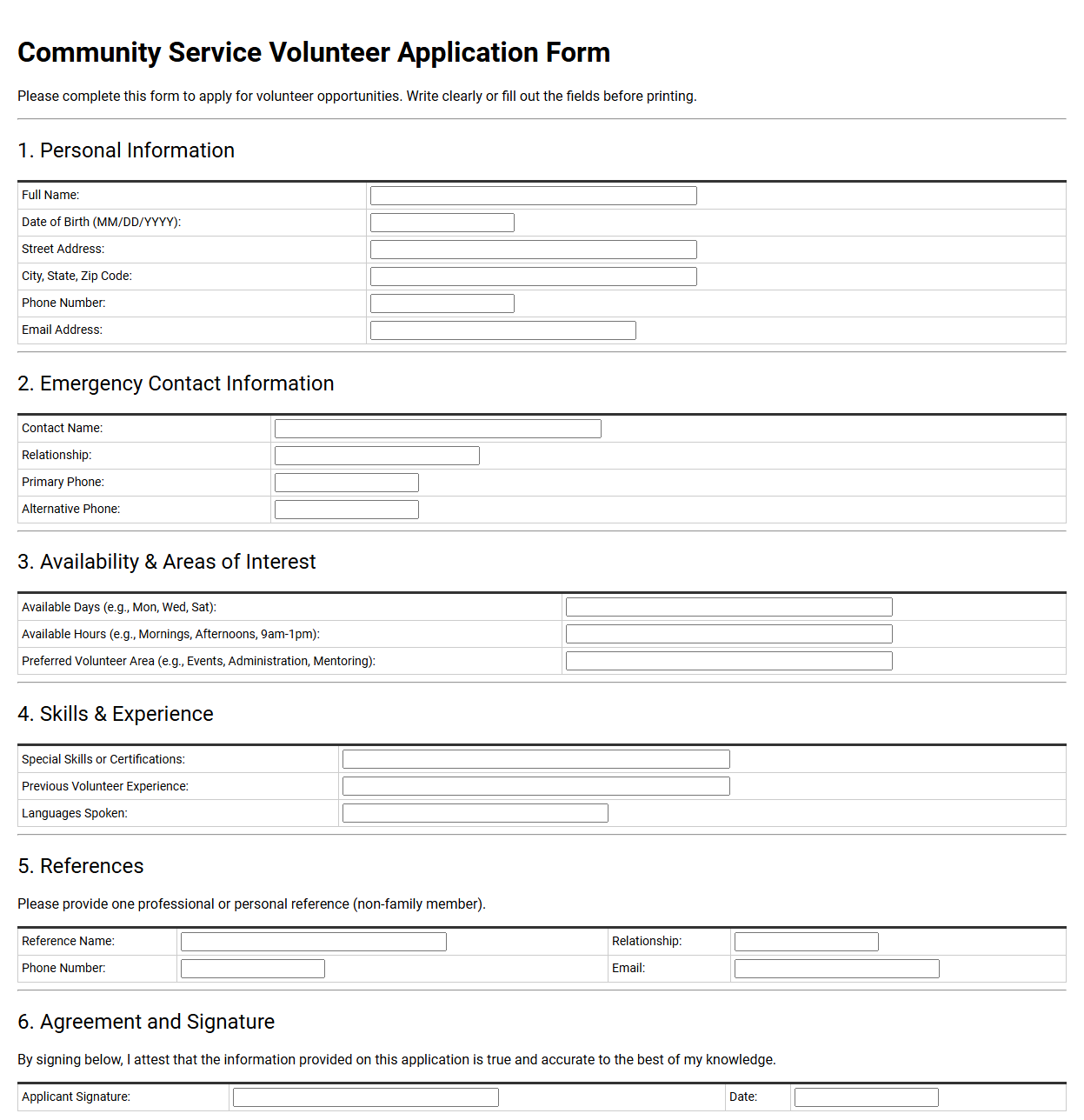 Community Service Volunteer Application Form Template