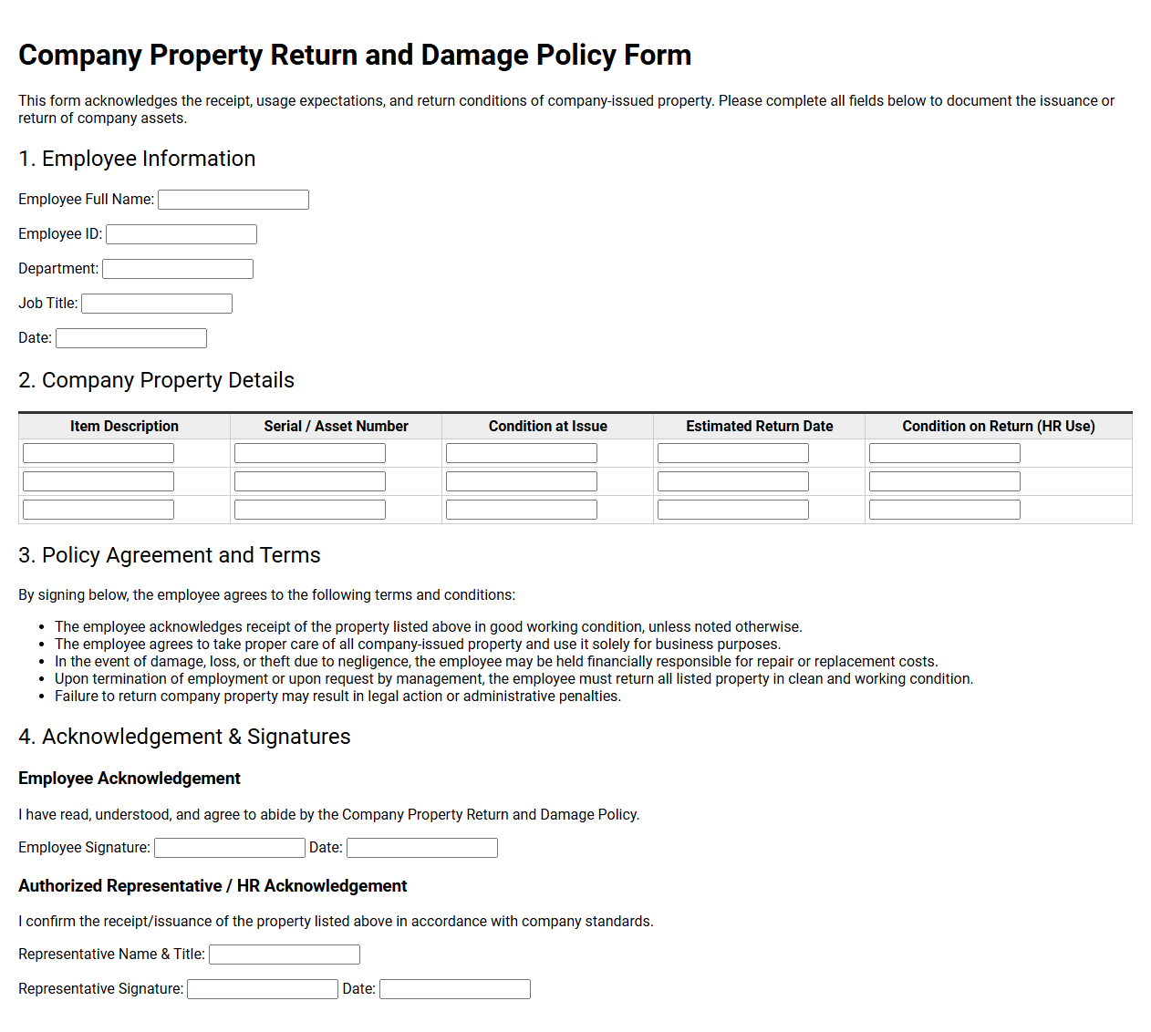 Company Property Return and Damage Policy Form
