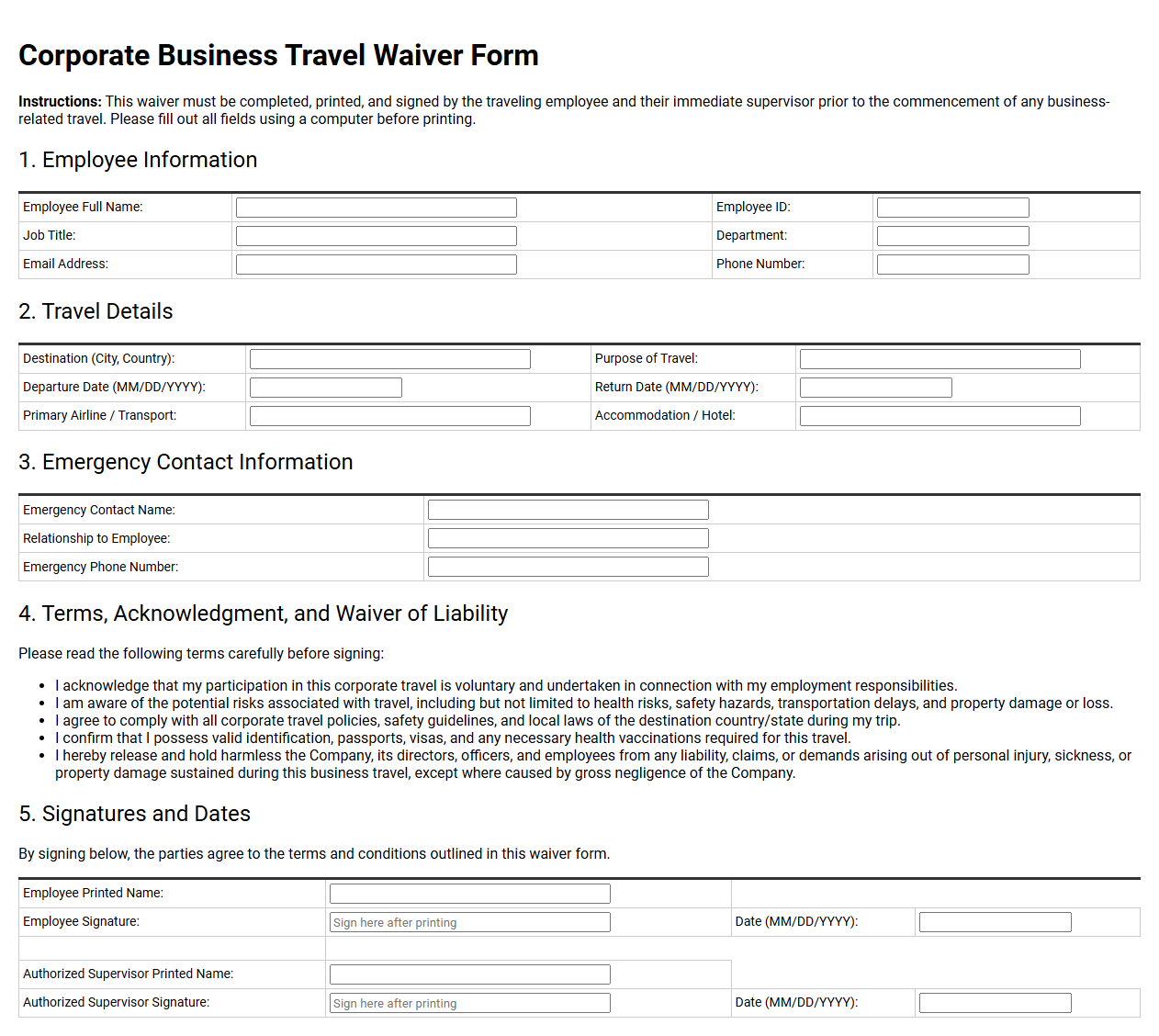Corporate Business Travel Waiver Form