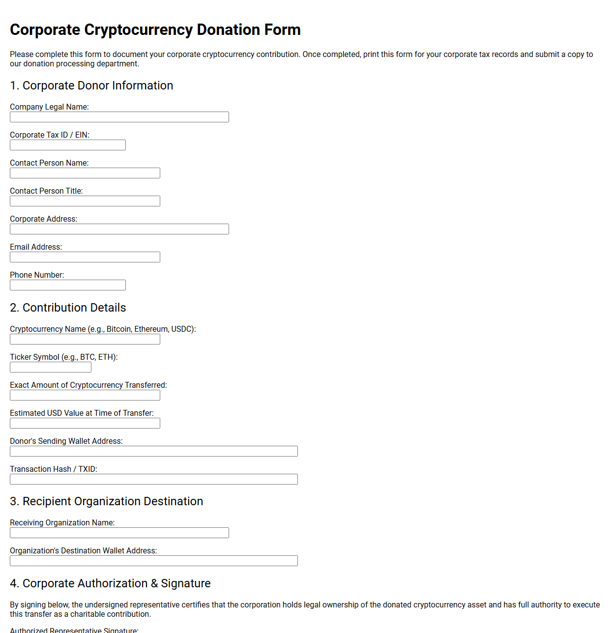 Corporate Cryptocurrency Donation Form Template