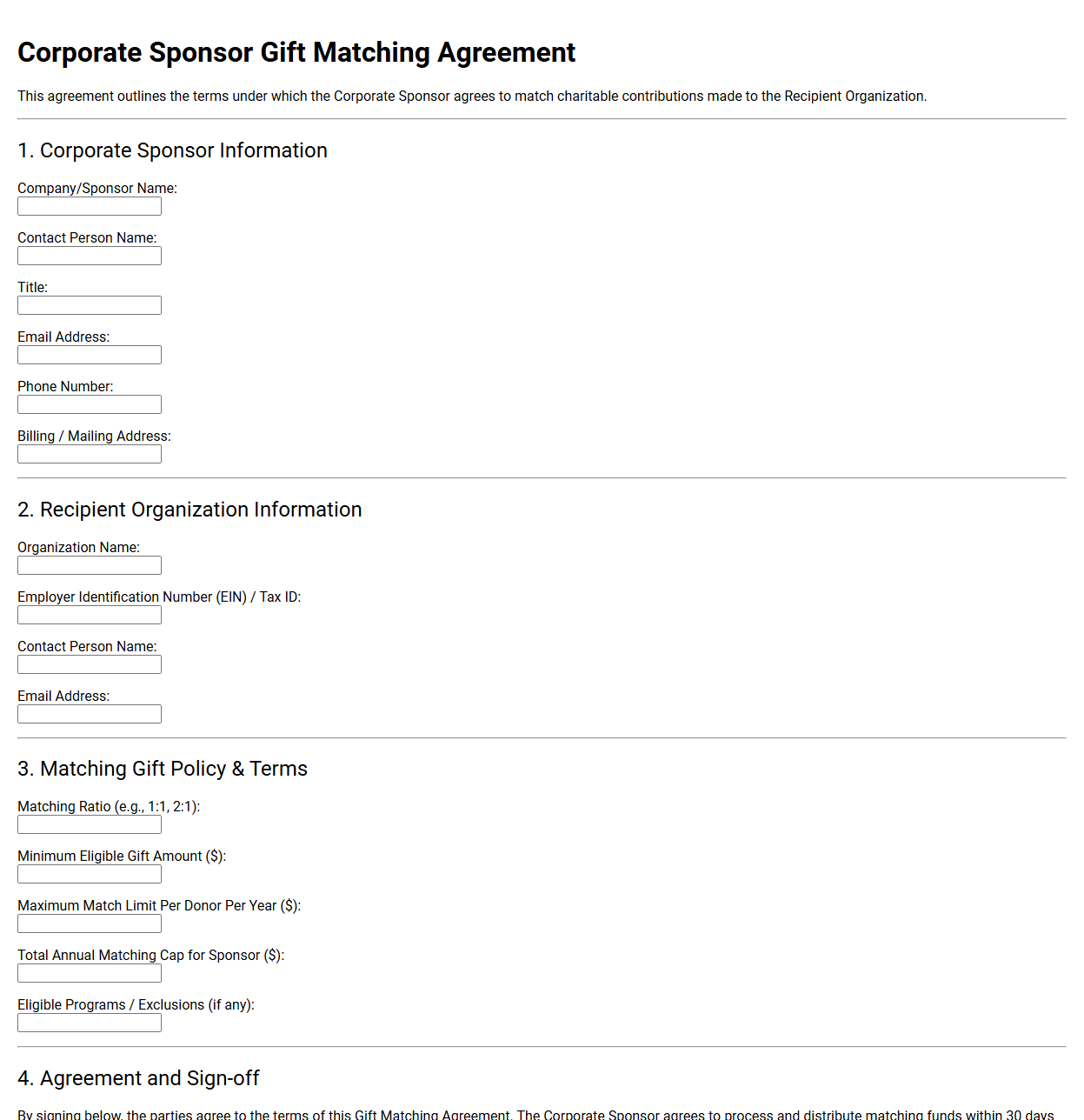 Corporate Sponsor Gift Matching Agreement