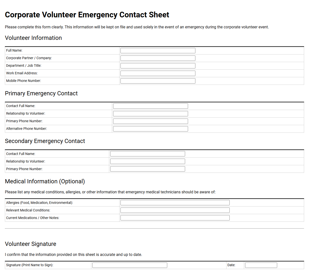 Corporate Volunteer Emergency Contact Sheet