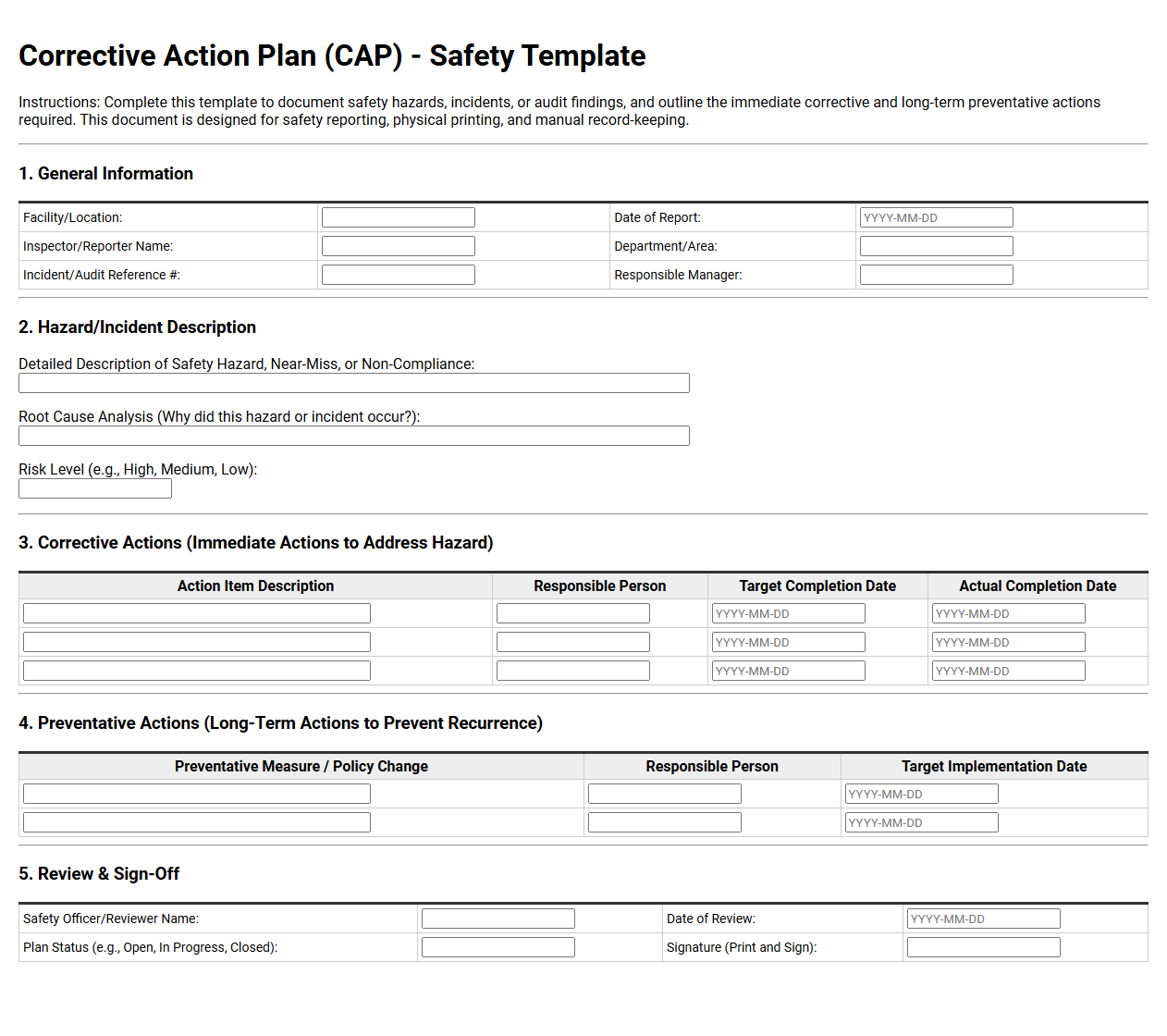 Corrective Action Plan Safety Template
