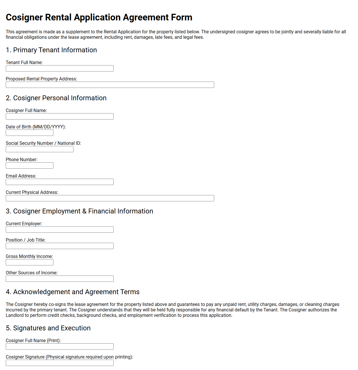 Cosigner Rental Application Agreement Form