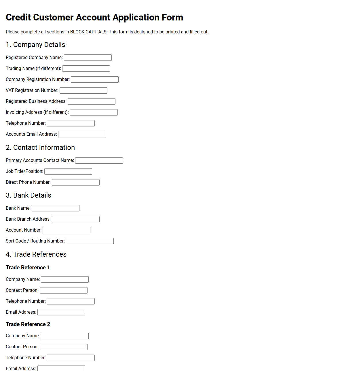 Credit Customer Account Application Form