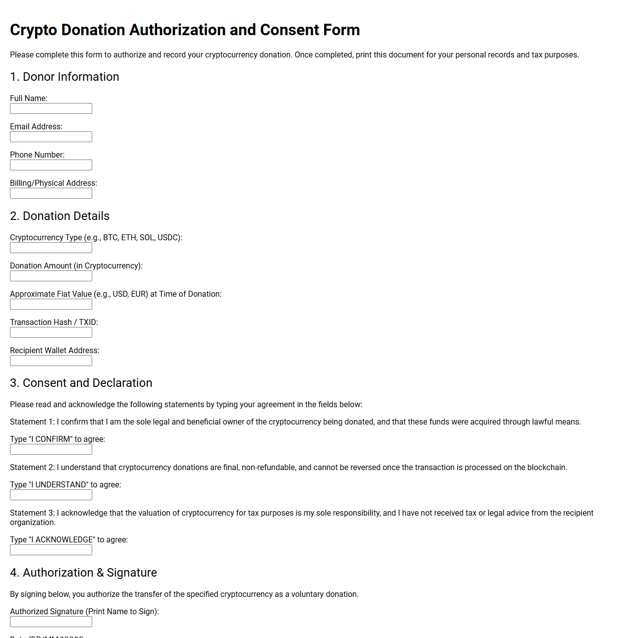 Crypto Donation Authorization and Consent Form