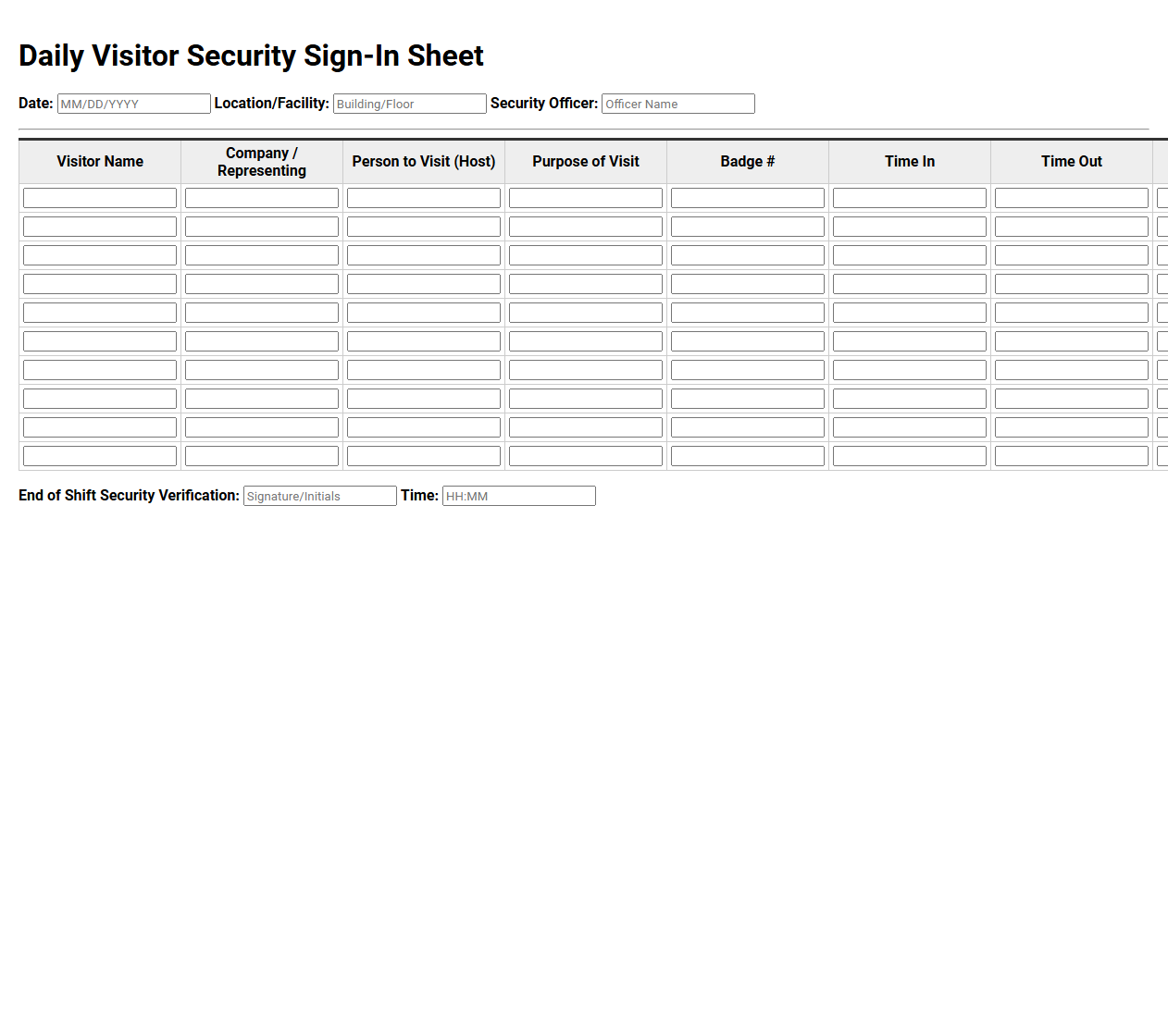 Daily Visitor Security Sign In Sheet