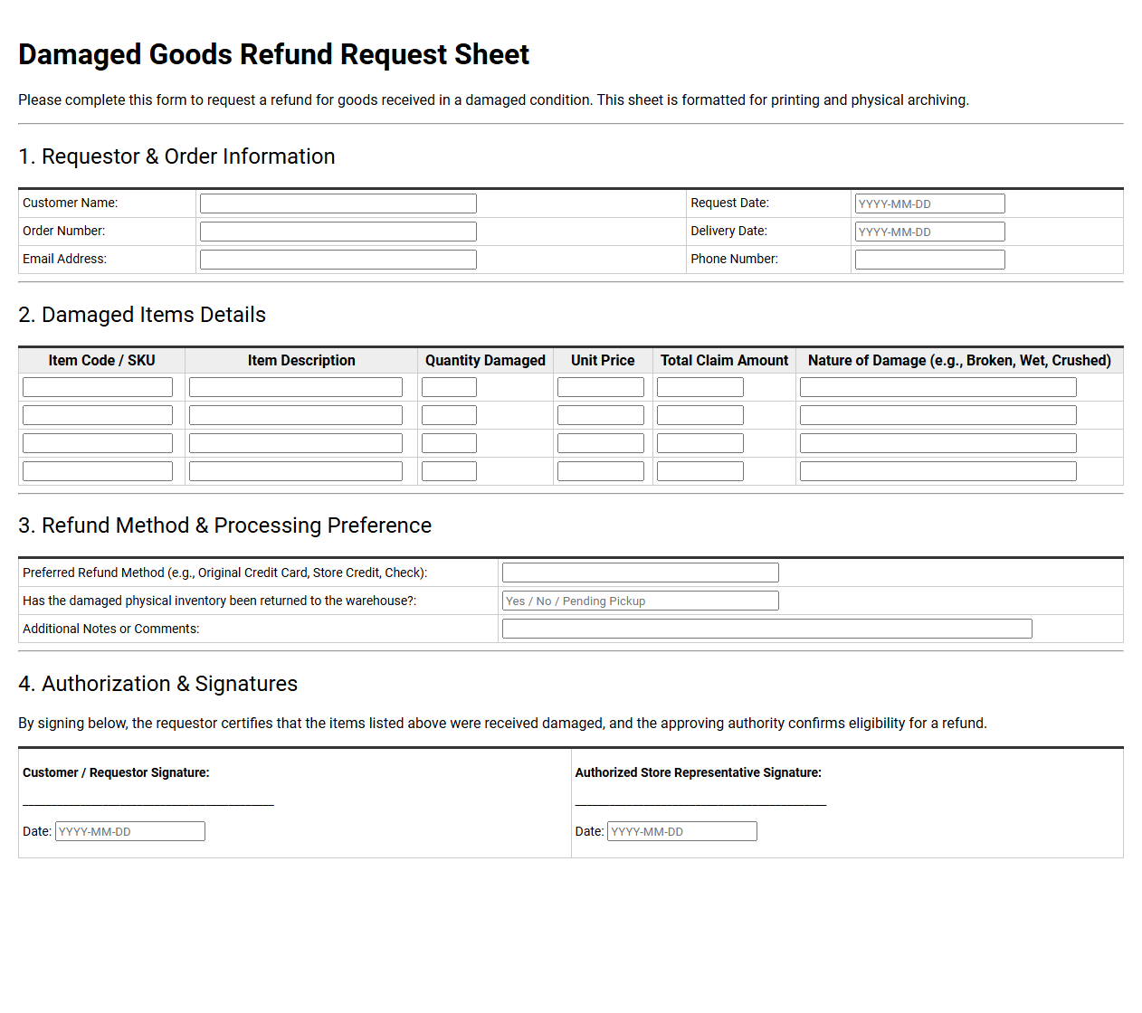 Damaged Goods Refund Request Sheet