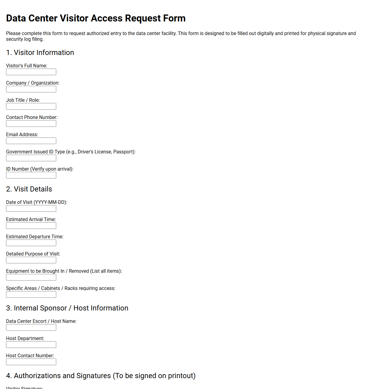 Data Center Visitor Access Request Form