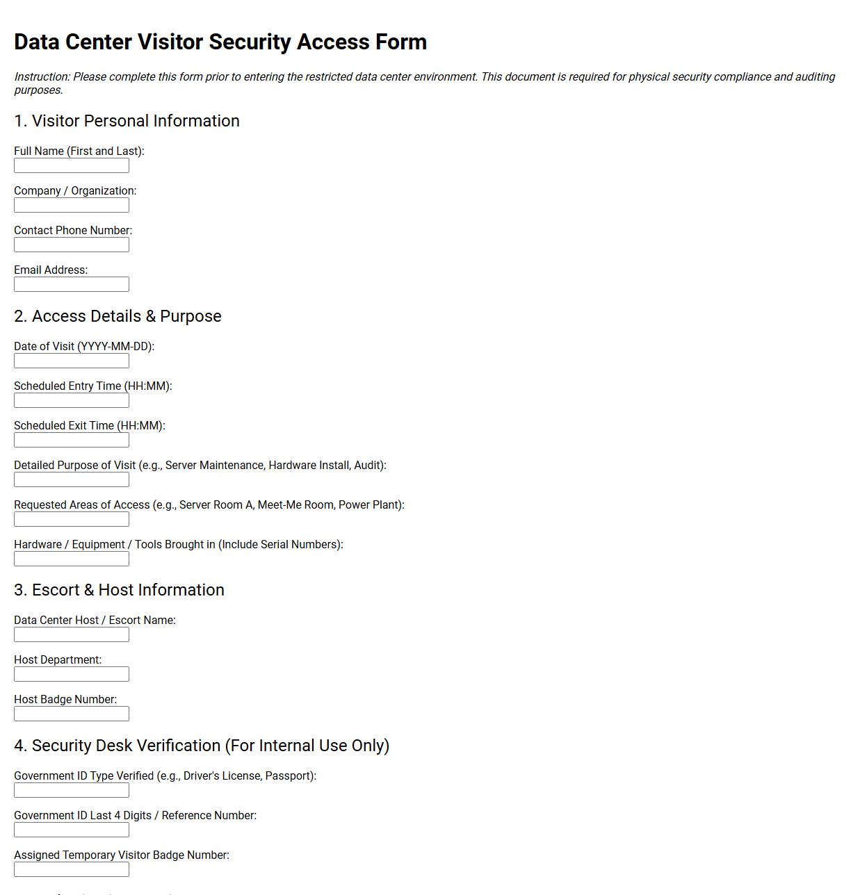 Data Center Visitor Security Access Form