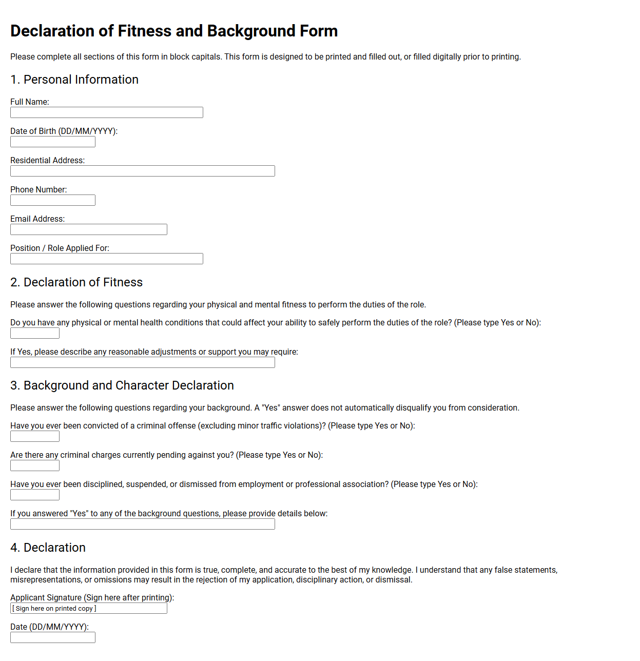 Declaration of Fitness and Background Form