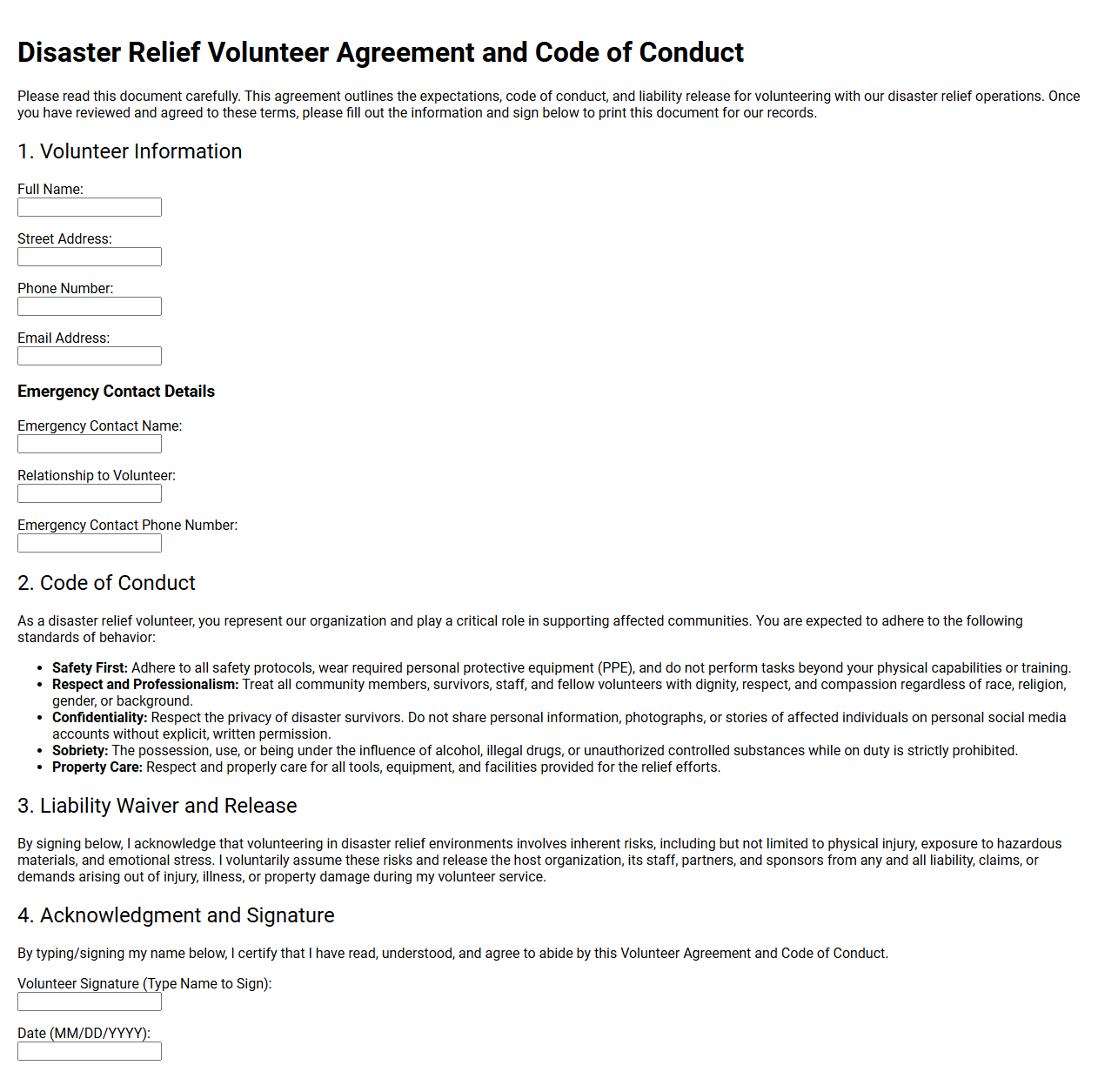 Disaster Relief Volunteer Agreement and Code of Conduct