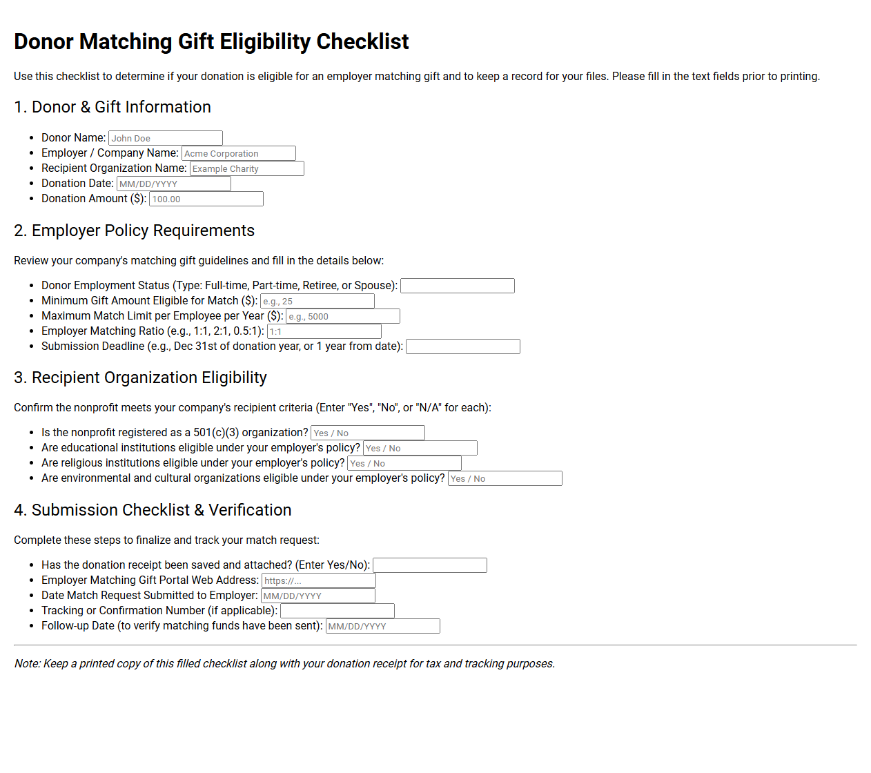 Donor Matching Gift Eligibility Checklist