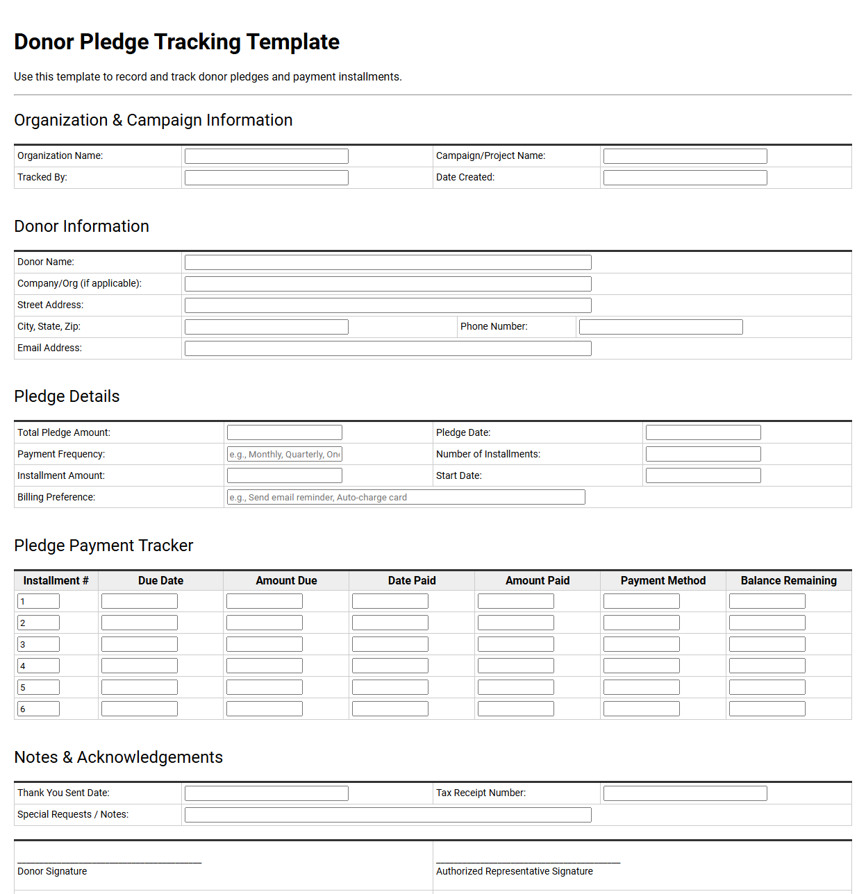 Donor Pledge Tracking Template