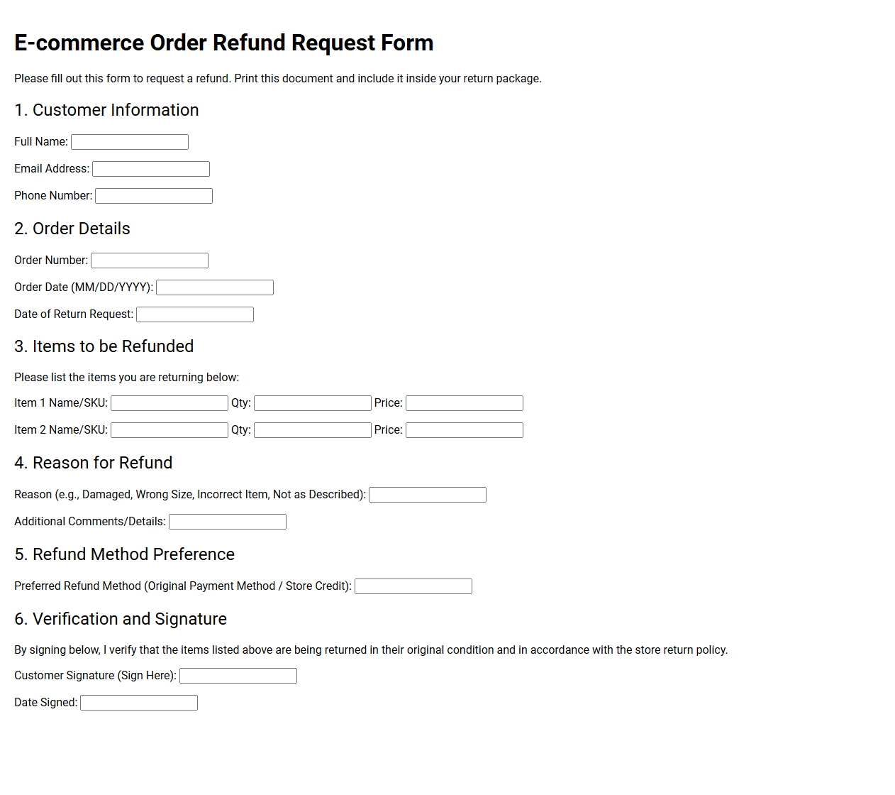 E-commerce Order Refund Request Form