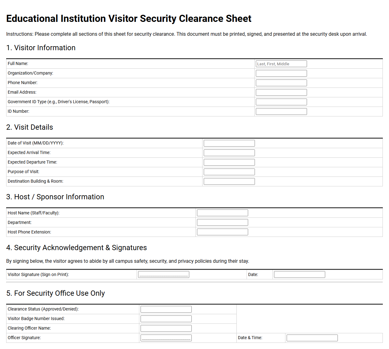 Educational Institution Visitor Security Clearance Sheet