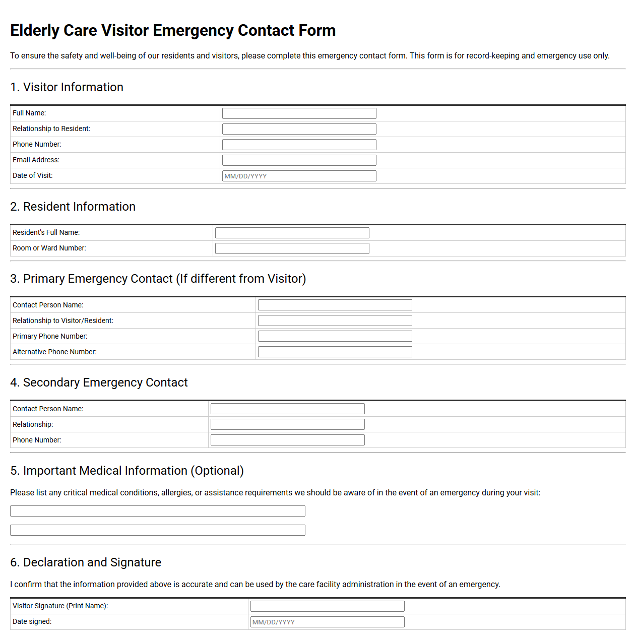 Elderly Care Visitor Emergency Contact Form