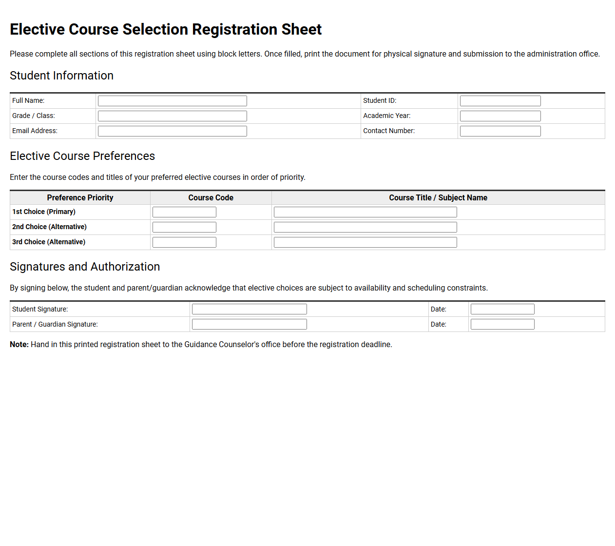 Elective Course Selection Registration Sheet