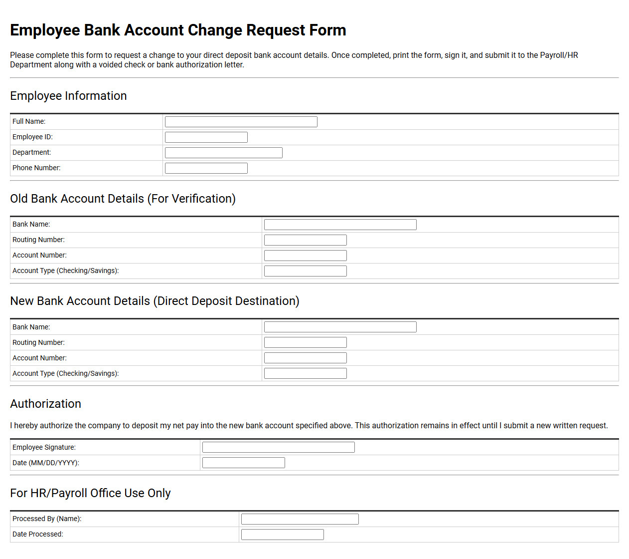 Employee Bank Account Change Request Form