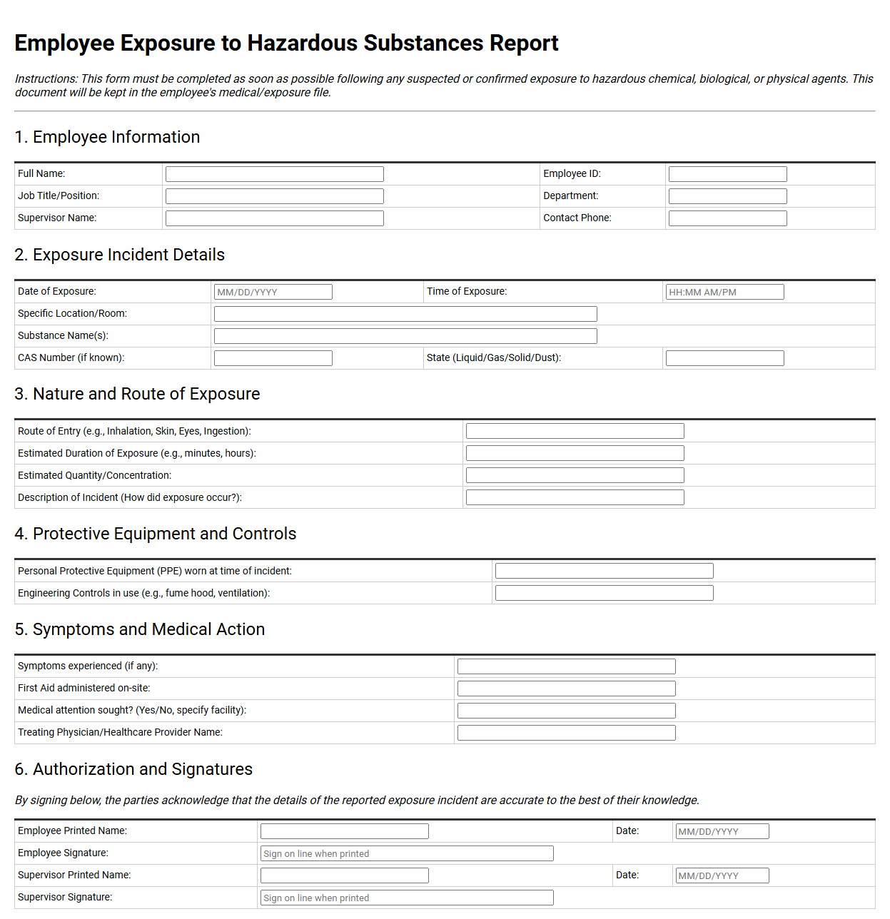 Employee Exposure to Hazardous Substances Form