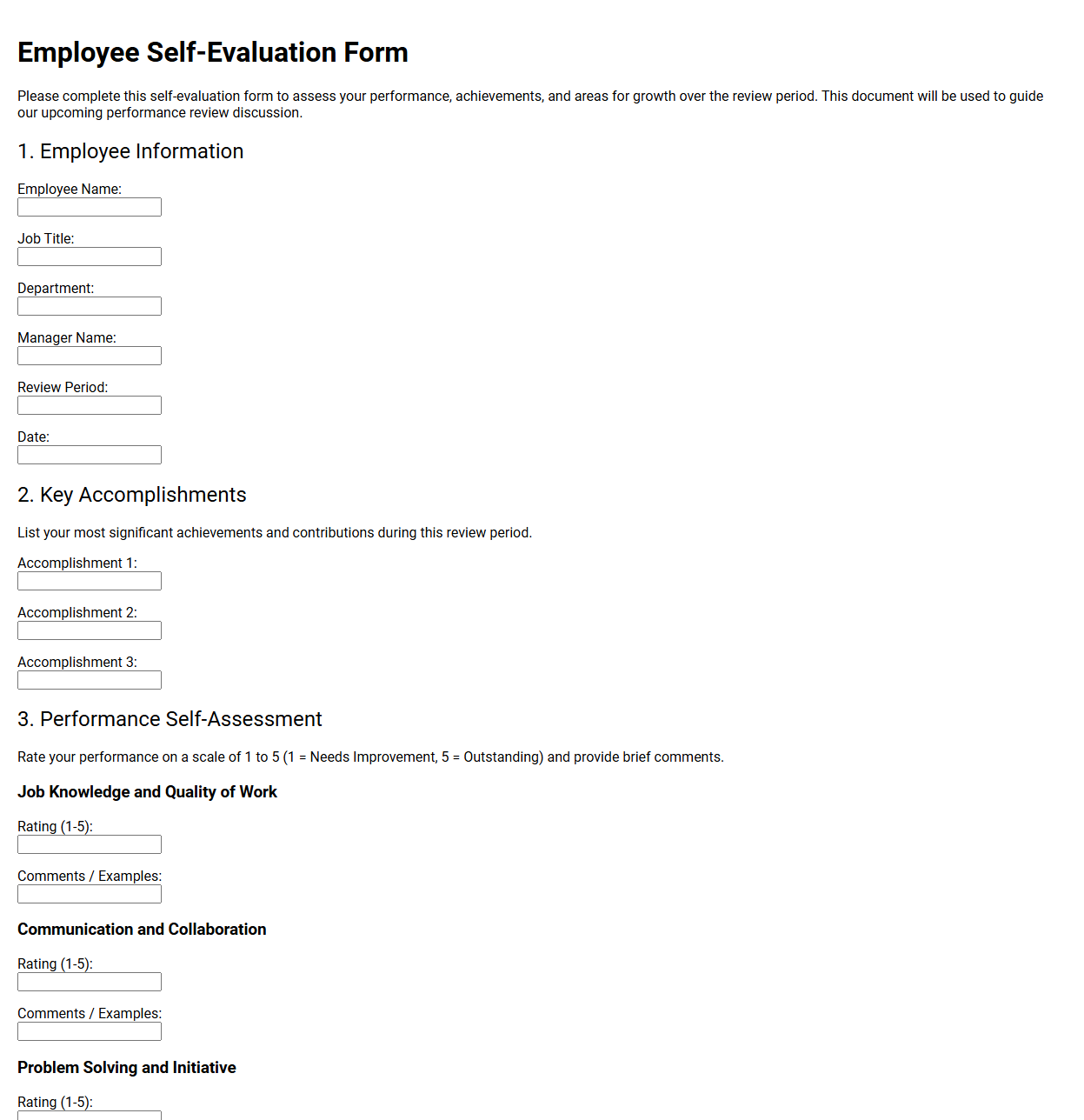 Employee Self-Evaluation Form Template