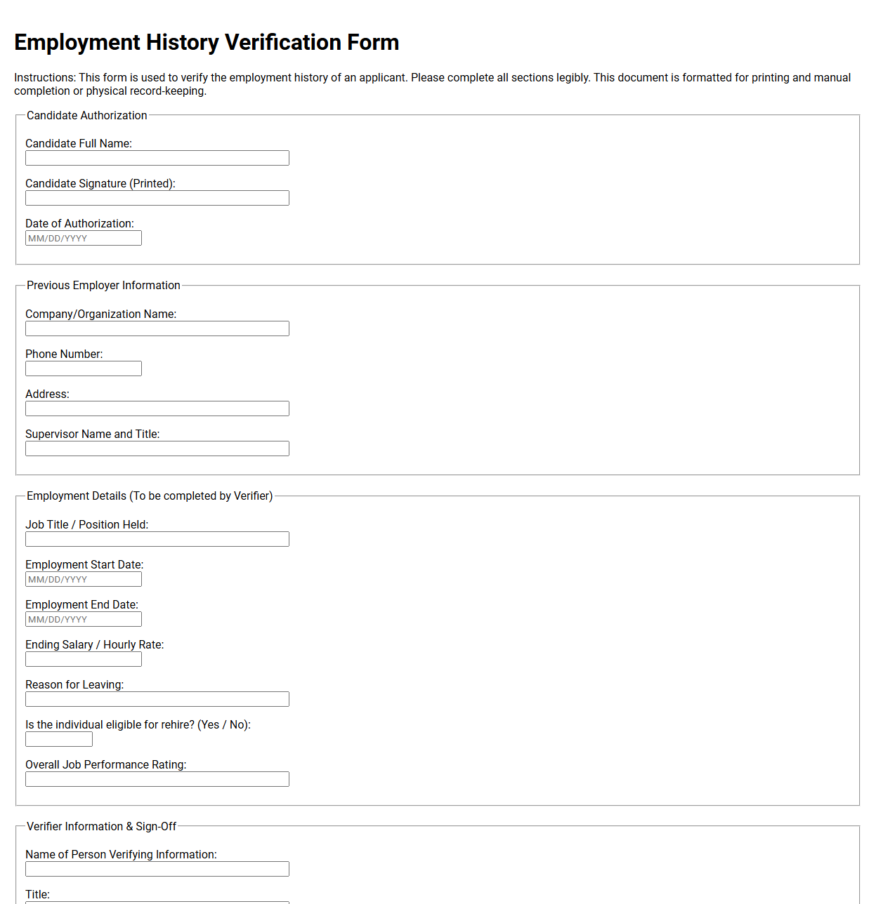 Employment History Verification Form