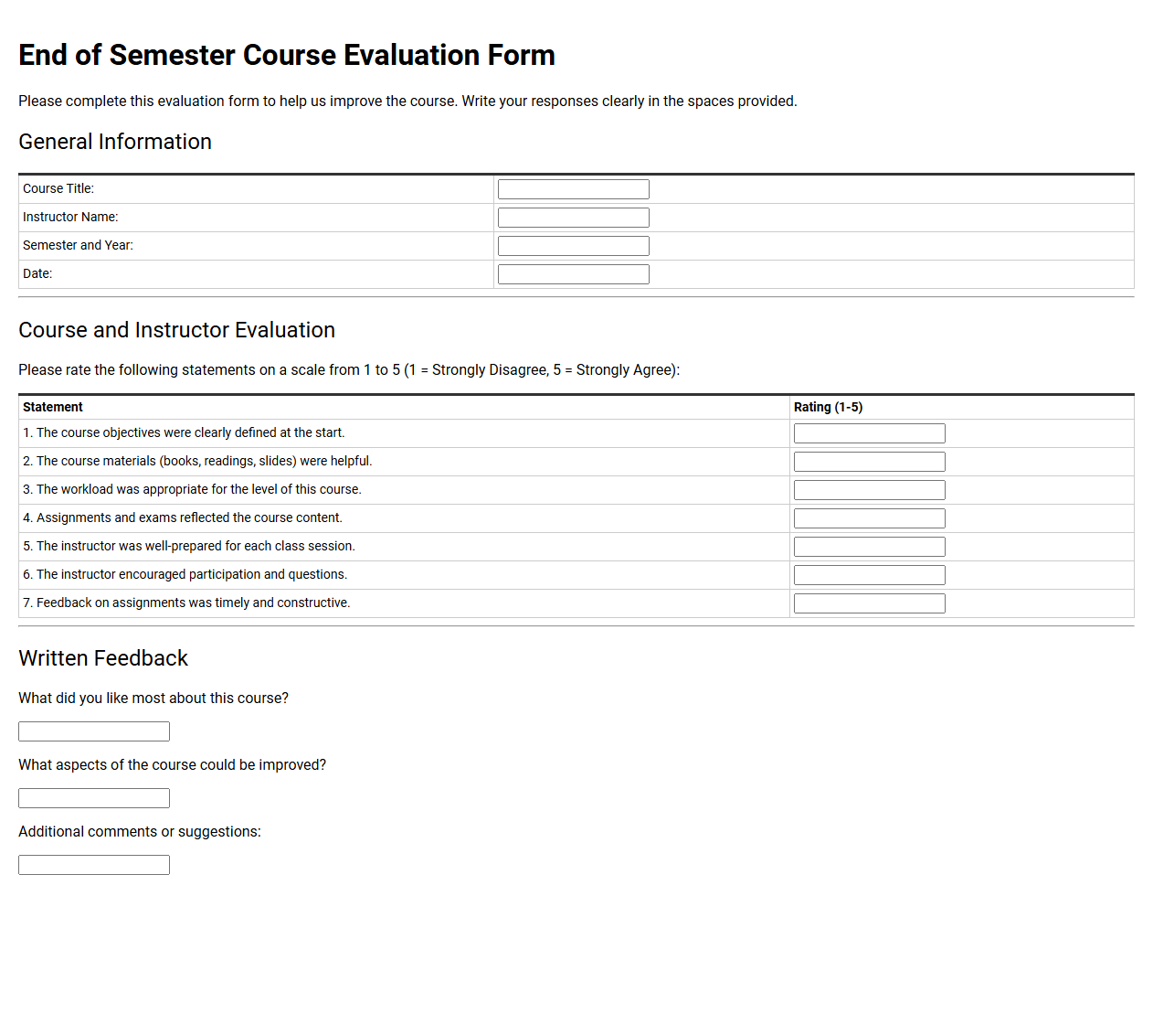 End of Semester Course Evaluation Form
