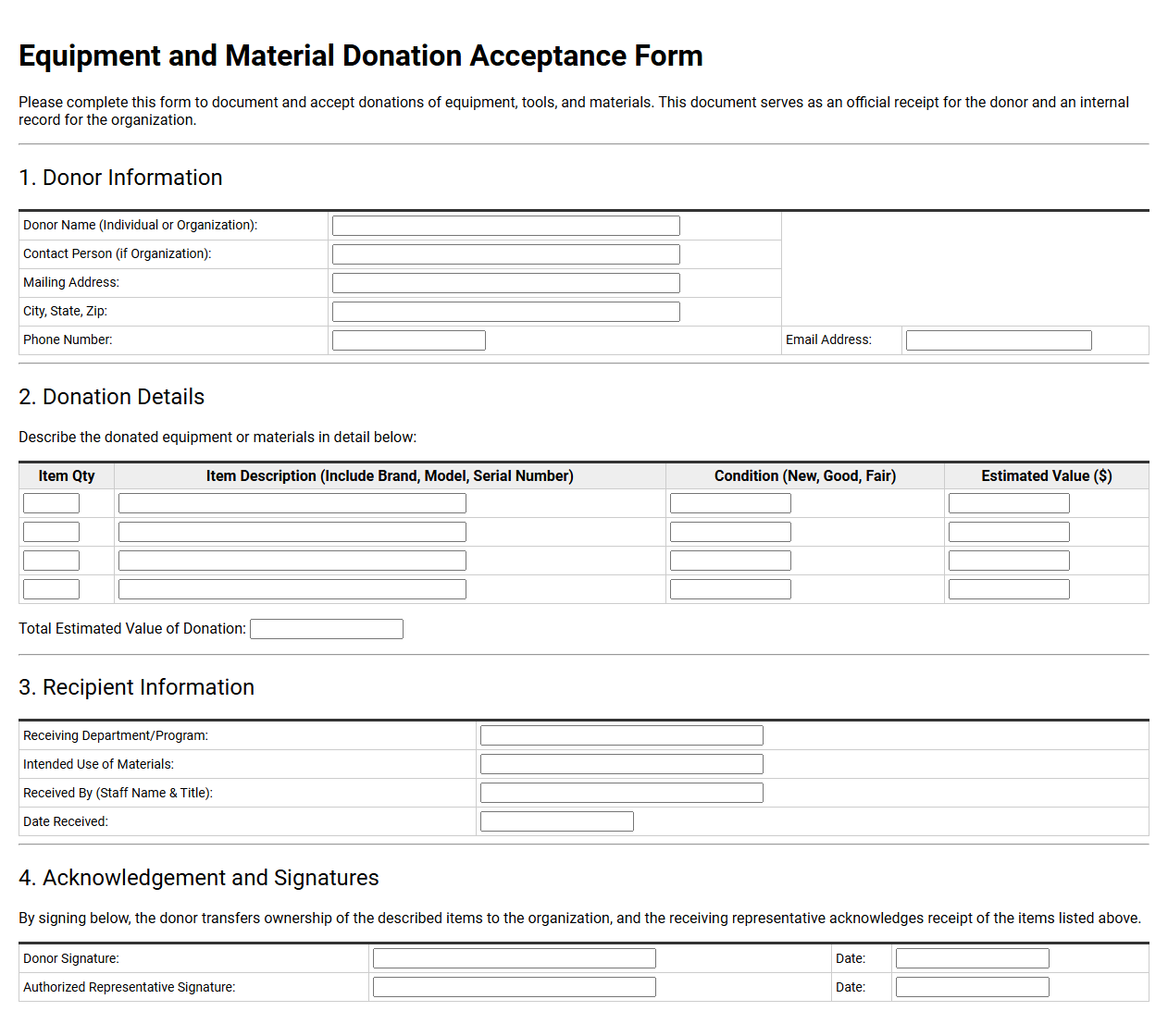 Equipment and Material Donation Acceptance Form